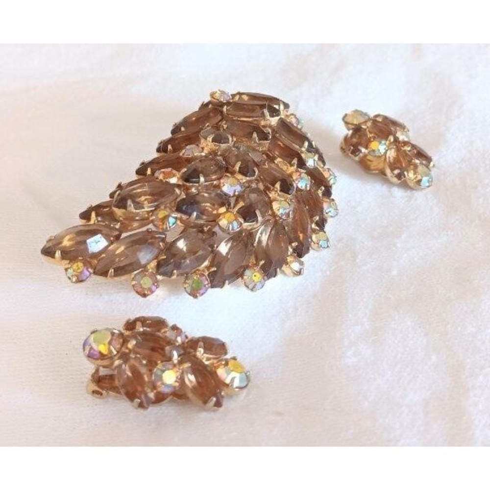 Vintage Set D&E Juliana 3" Topaz Amber Rhinestone Brooch Earrings AB Layered - Picture 2 of 6